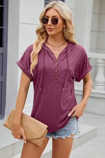 Half Button Drawstring Short Sleeve Hooded T-Shirt Women's T-Shirts - Tophatter Daily Deals